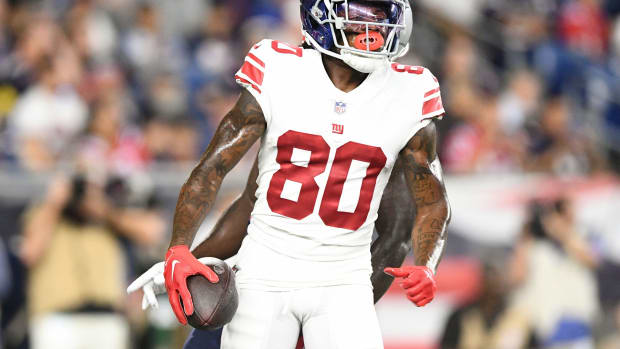 Aug 11, 2022; Foxborough, Massachusetts, USA; New York Giants wide receiver Richie James (80) reacts after scoring a touchdown against the New England Patriots during the first half at Gillette Stadium.